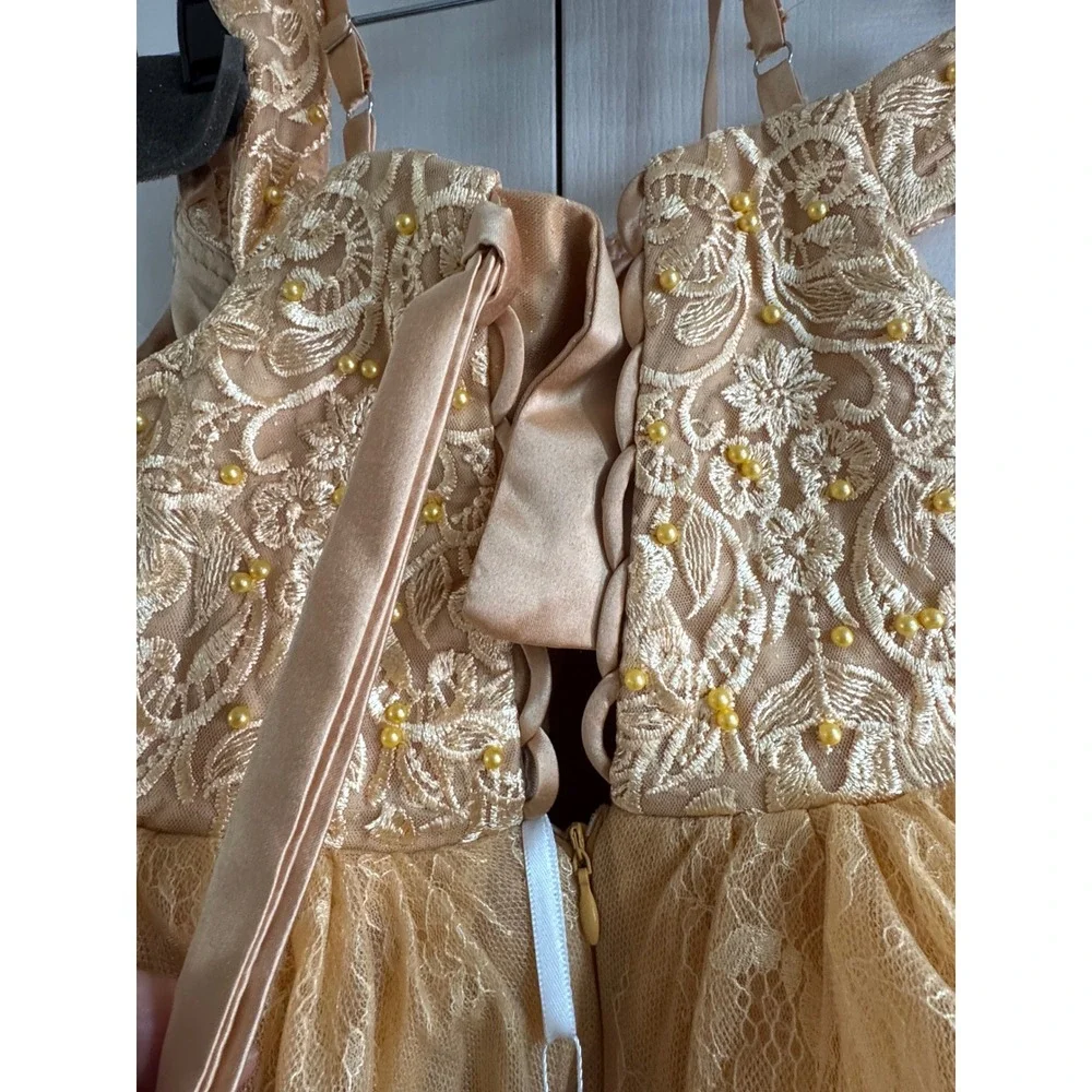 Girls Gold Lace Pageant Dress High Low Flower Girl Gown‎ Beaded Tulle Size 8-10